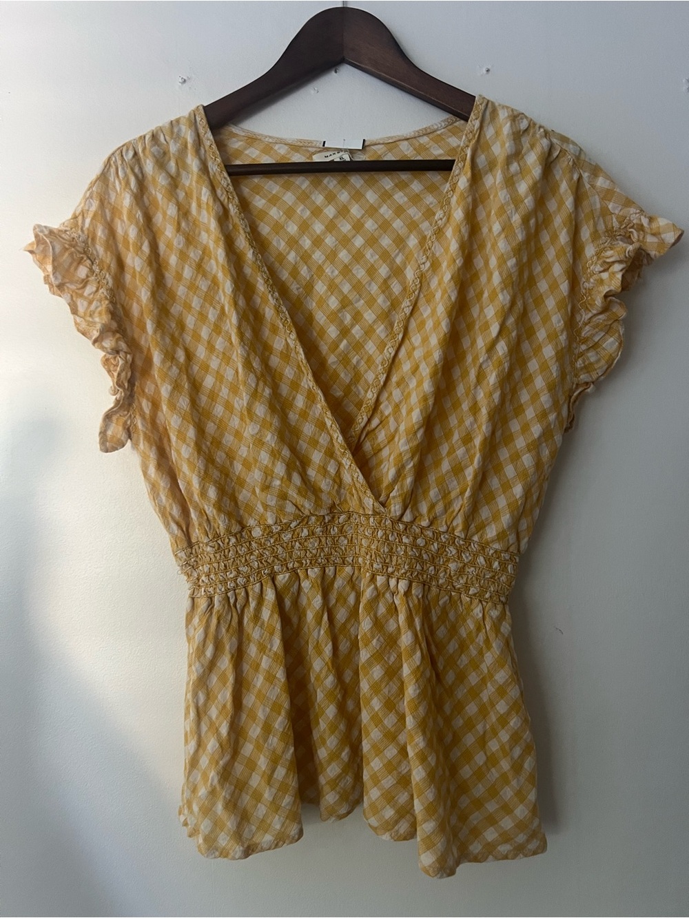 Max Studio Women’s Yellow Cottage Gingham Peplum Waist Blouse top, Size XL